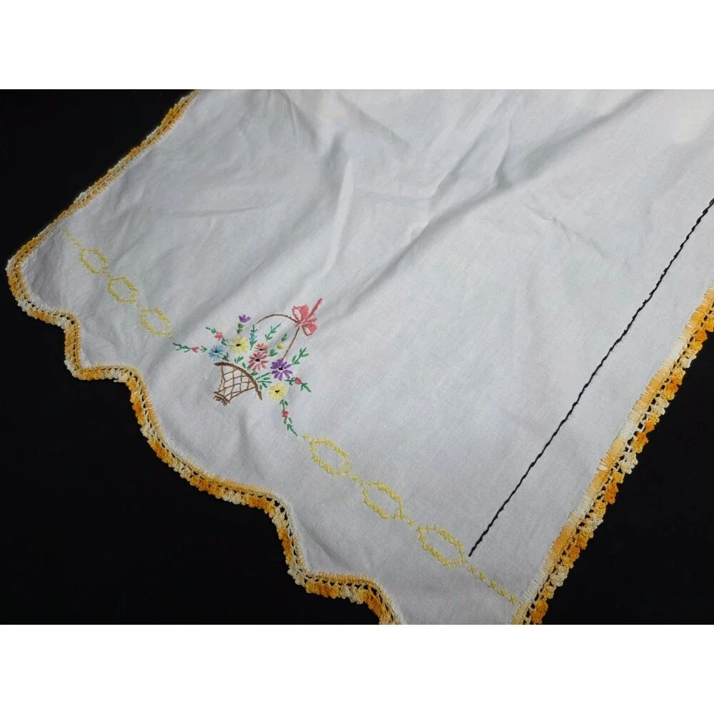 Vintage Embroidered Table Runner – Yellow Floral with Crochet Trim – 19.5